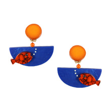 Load image into Gallery viewer, Pavone Signed Orange Fish Blue Bowl Earrings (Clip-On)