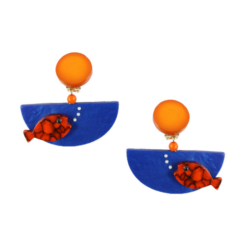 Pavone Signed Orange Fish Blue Bowl Earrings (Clip-On)