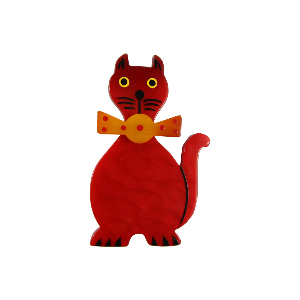 Pavone Signed Red Cat with Orange Bow Tie Brooch Pin