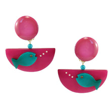 Load image into Gallery viewer, Pavone Signed Blue Fish Pink Bowl Earrings (Clip-On)