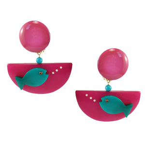 Pavone Signed Blue Fish Pink Bowl Earrings (Clip-On)