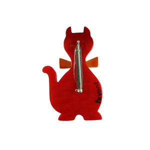 Pavone Signed Red Cat with Orange Bow Tie Brooch Pin