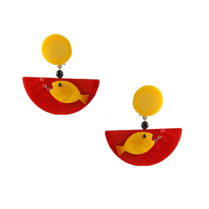 Pavone Signed Yellow Fish Red Bowl Earrings (Clip-On)
