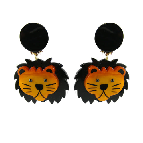 Pavone Signed Lion With Black Mane Earrings (Clip-On)