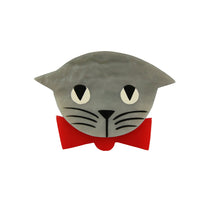 Load image into Gallery viewer, Pavone Signed Grey Cat with Red Bow Tie Brooch Pin