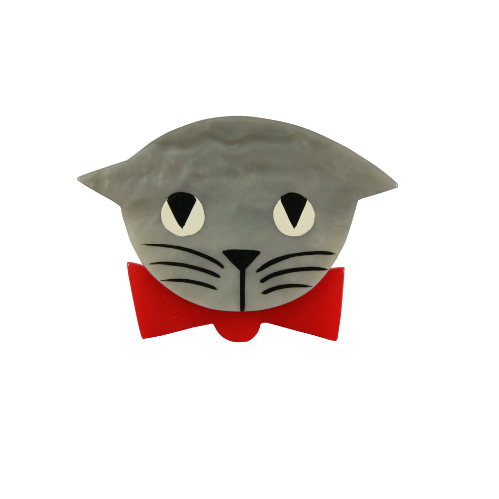 Pavone Signed Grey Cat with Red Bow Tie Brooch Pin