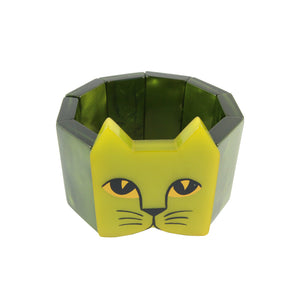 Pavone Signed Two Shade Green Cat Face Stretch Bracelet
