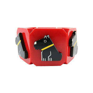 Pavone Signed Bright Red Black Scottie Dog Yellow Collar Stretch Bracelet