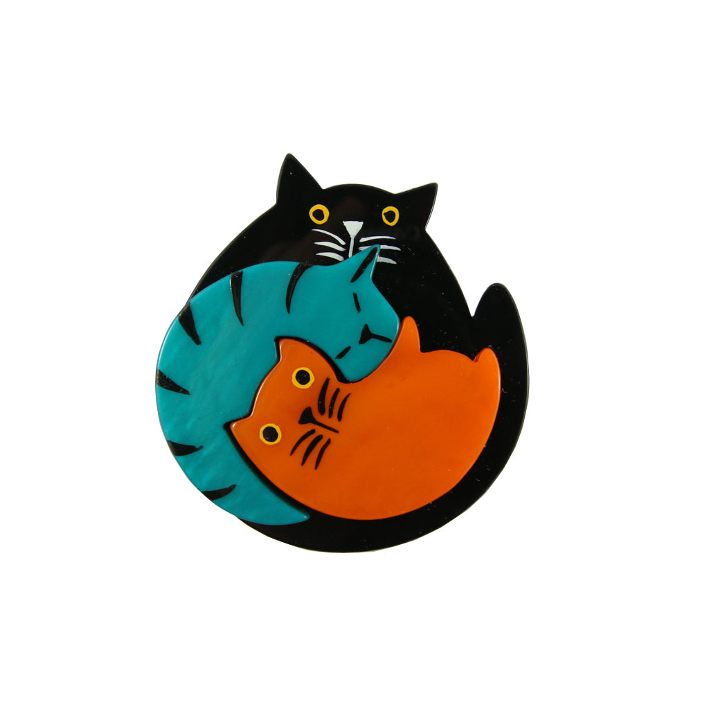 Pavone Signed Orange , Teal & Black Cuddling Cat Brooch Pin