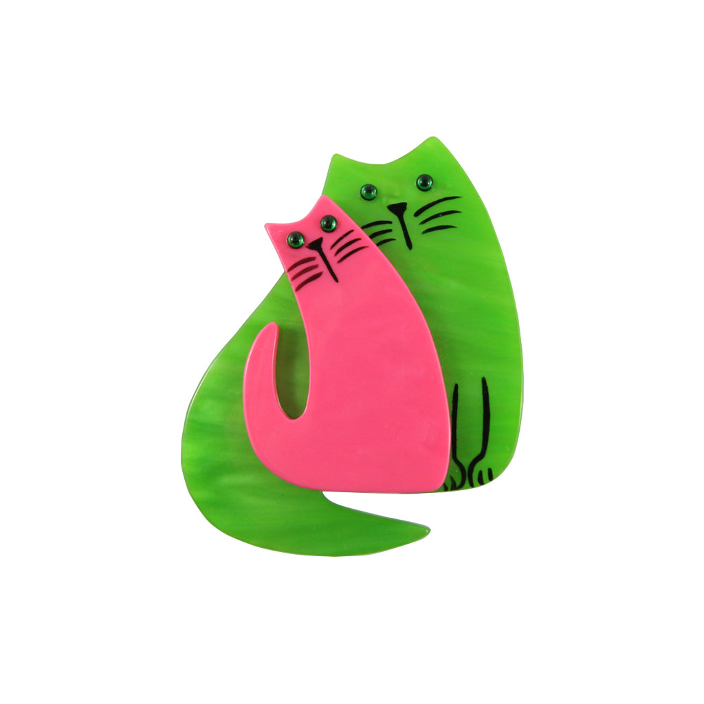 Pavone Signed Green and Pink Double Cat Brooch Pin