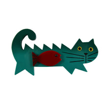 Load image into Gallery viewer, Pavone Signed Large Green Cat With Red Fish Brooch Pin
