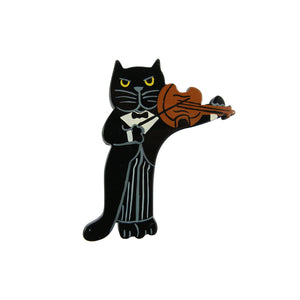 Pavone Signed Black Cat Violinist Brooch Pin