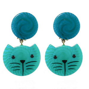 Pavone (France) Signed Medium Galalith Hand-Painted Cat Earrings - Blue (Clip-on)