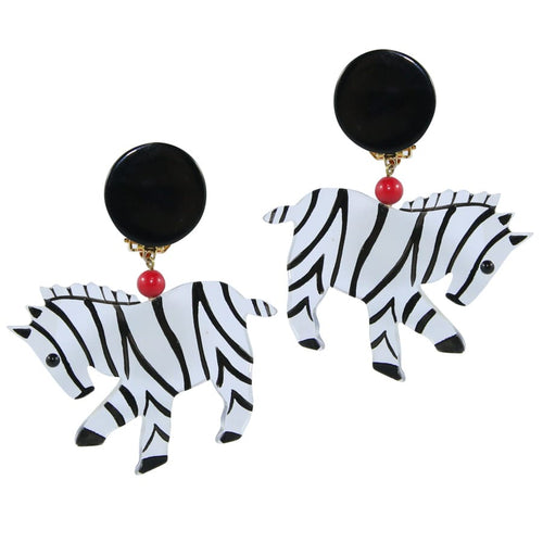 Pavone (France) Signed Square Galalith Hand-Painted Zebra Earrings - Clear, Black, Red (Clip-on)