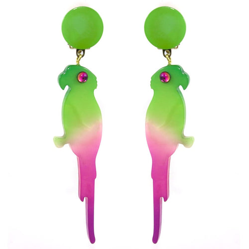 Pavone (France) Signed Square Galalith Hand-Painted Multi Parrot Earrings (Clip-on)