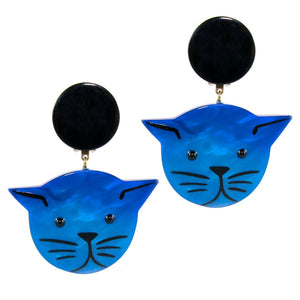 Pavone (France) Signed Medium Galalith Hand-Painted Cat Earrings - Blue (Clip-on)