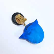 Load image into Gallery viewer, Pavone (France) Signed Medium Galalith Hand-Painted Cat Earrings - Blue (Clip-on)