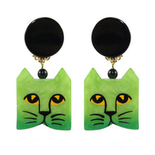 Load image into Gallery viewer, Pavone (France) Signed Square Galalith Hand-Painted Cat Earrings - Green (Clip-on)