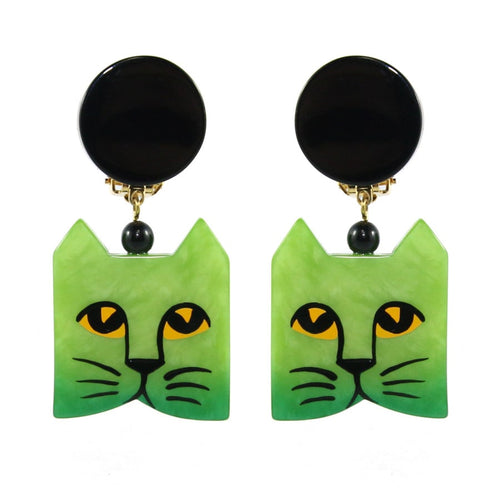 Pavone (France) Signed Square Galalith Hand-Painted Cat Earrings - Green (Clip-on)