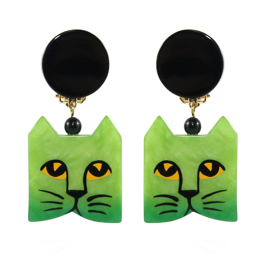 Pavone (France) Signed Square Galalith Hand-Painted Cat Earrings - Green (Clip-on)