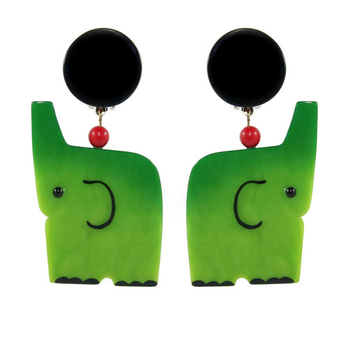 Pavone (France) Signed Square Galalith Hand-Painted Elephant Earrings - Green (Clip-on)