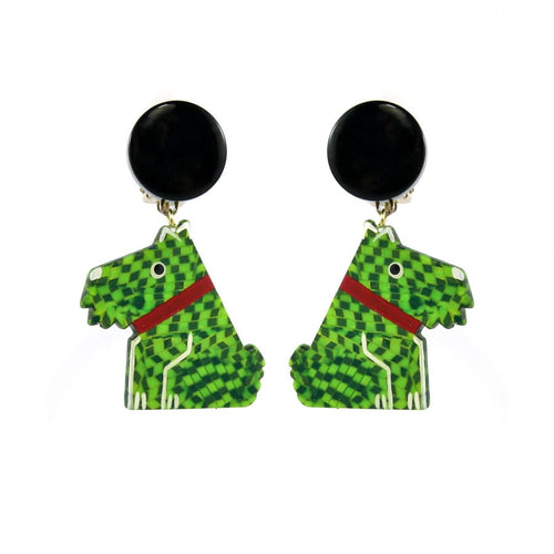Pavone (France) Signed Square Galalith Hand-Painted Green Scotty Dog Earrings (Clip-on)
