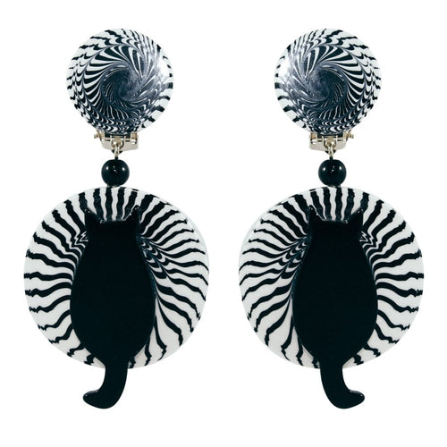 Pavone (France) Signed Galalith Hand-Painted Cat Earrings - Black Swirl (Clip-on)