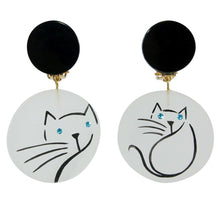 Load image into Gallery viewer, Pavone (France) Signed Square Galalith Hand-Painted Cat Earrings - Clear (Clip-on)