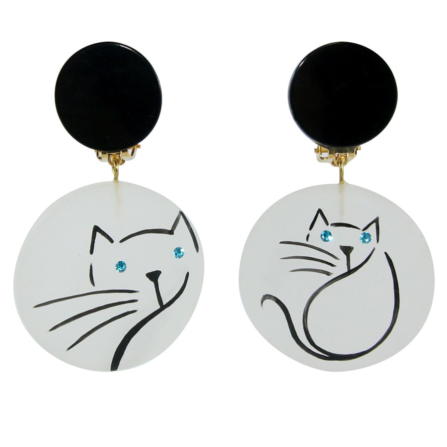 Pavone (France) Signed Square Galalith Hand-Painted Cat Earrings - Clear (Clip-on)
