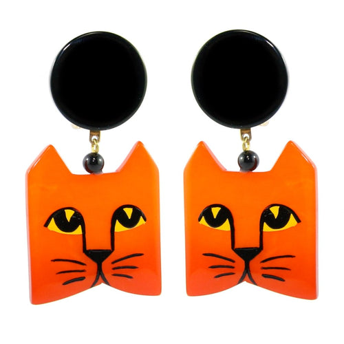 Pavone (France) Signed Square Galalith Hand-Painted Cat Earrings - Orange (Clip-on)