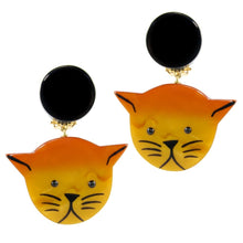 Load image into Gallery viewer, Pavone (France) Signed Medium Galalith Hand-Painted Cat Earrings - Orange (Clip-on)