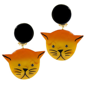Pavone (France) Signed Medium Galalith Hand-Painted Cat Earrings - Orange (Clip-on)