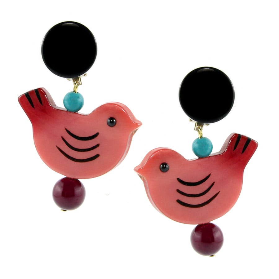 Pavone (France) Signed Square Galalith Hand-Painted Pink Earrings (Clip-on)