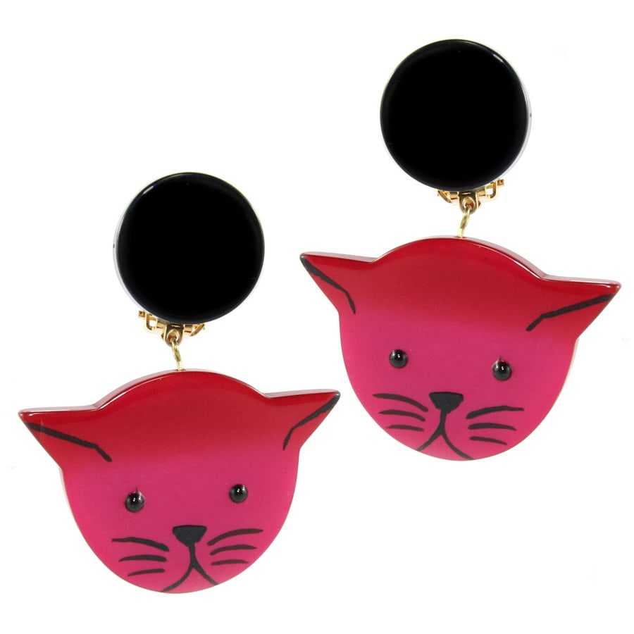 Pavone (France) Signed Medium Galalith Hand-Painted Cat Earrings - Fuchsia Pink (Clip-on)