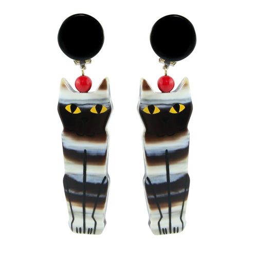 Pavone (France) Signed Square Galalith Hand-Painted Cat Earrings - (Clip-on)