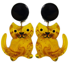 Load image into Gallery viewer, Pavone (France) Signed Square Galalith Hand-Painted Cat Earrings - Translucent Yellow (Clip-on)