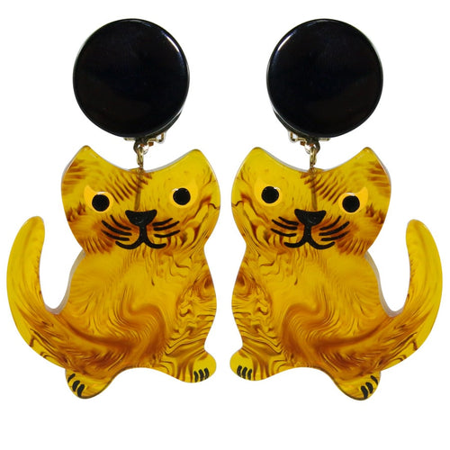 Pavone (France) Signed Square Galalith Hand-Painted Cat Earrings - Translucent Yellow (Clip-on)