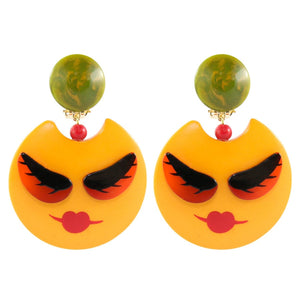 Pavone (France) Signed Square Galalith Hand-Painted Face Earrings - Yellow (Clip-on)
