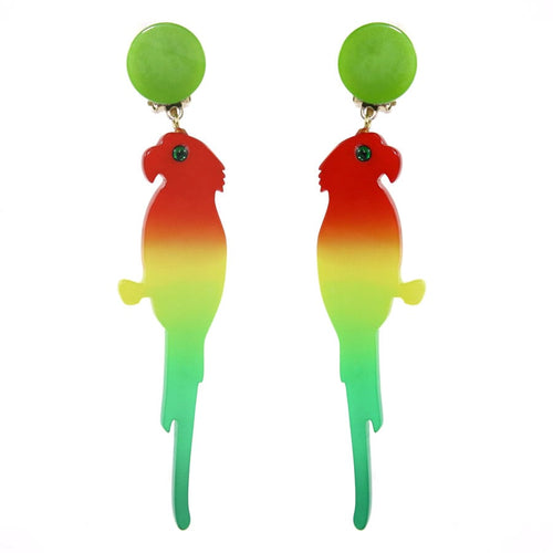 Pavone (France) Signed Square Galalith Hand-Painted Multi Parrot Earrings (Clip-on)