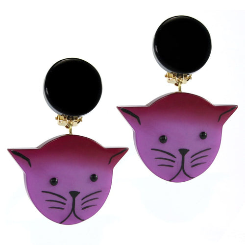 Pavone (France) Signed Medium Galalith Hand-Painted Cat Earrings - Purple (Clip-on)