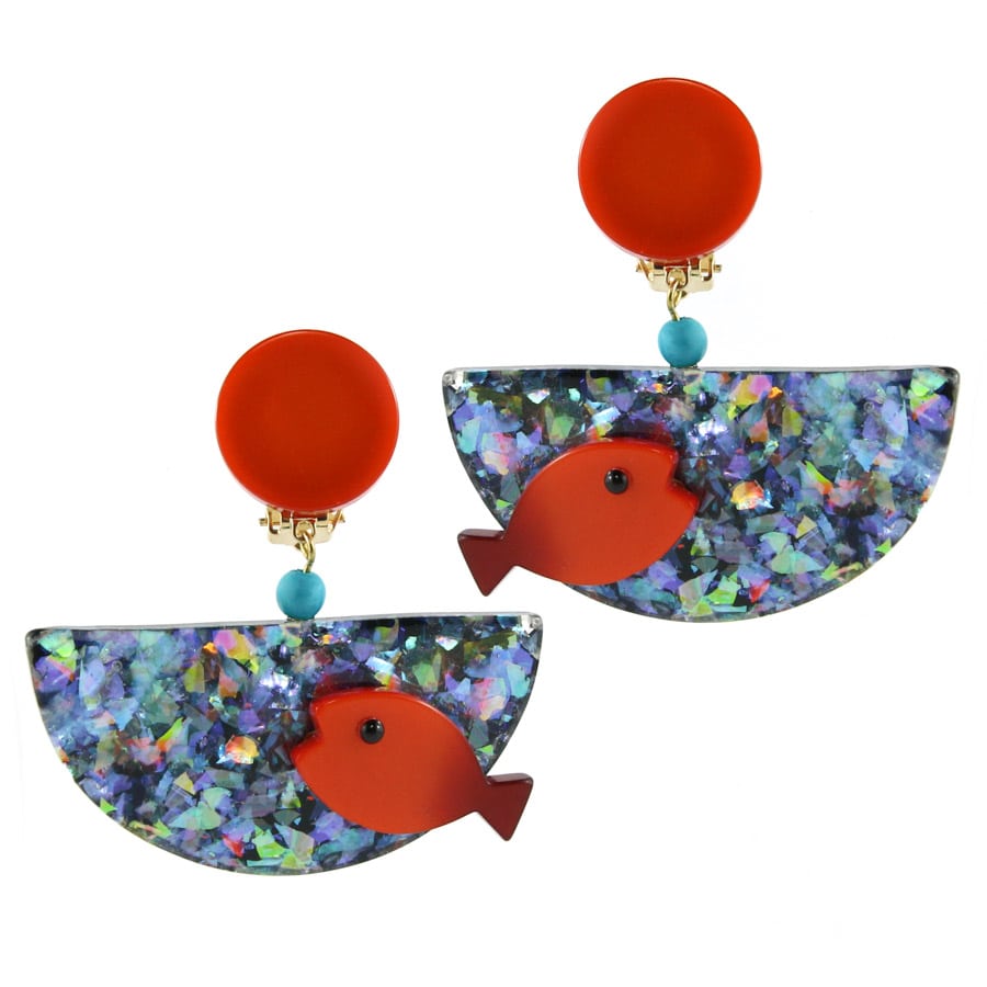 Pavone (France) Signed Square Galalith Hand-Painted Glitter Fish Bowl Earrings (Clip-on)