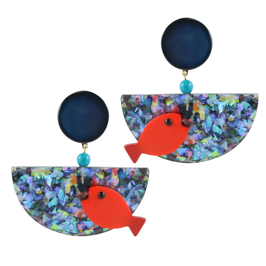 Pavone (France) Signed Square Galalith Hand-Painted Glitter Fish Bowl Earrings (Clip-on)