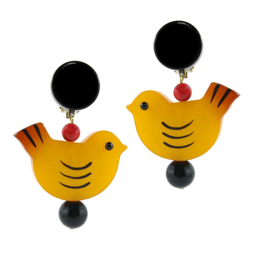 Pavone (France) Signed Square Galalith Hand-Painted Yellow Earrings (Clip-on)