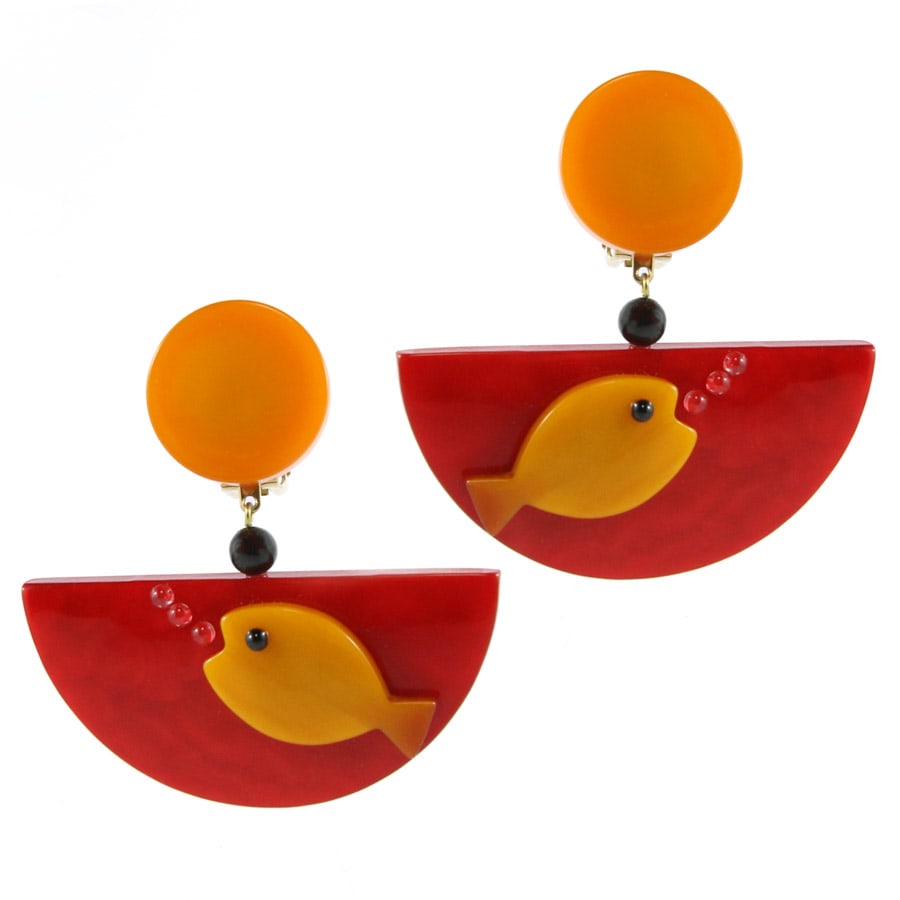 Pavone (France) Signed Square Galalith Hand-Painted Red, Yellow Fish Bowl Earrings (Clip-on)