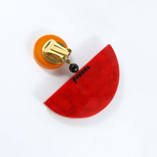 Load image into Gallery viewer, Pavone (France) Signed Square Galalith Hand-Painted Red, Yellow Fish Bowl Earrings (Clip-on)