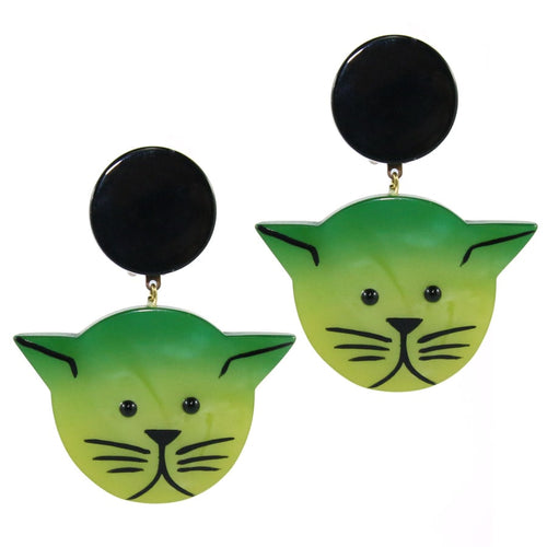 Pavone (France) Signed Medium Galalith Hand-Painted Cat Earrings - Green (Clip-on)