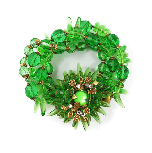 Miriam Haskell Vintage Signed Green Faceted Crystal Gold Floral Detail Bracelet
