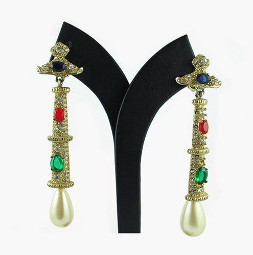 Vintage Signed 'Kenneth J Lane' Gold, Pearl, and Crystal Earrings