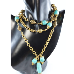 By Phillippe Paris for Harlequin Market Gold Tone Chain Necklace with Faux Antique Turquoise Glass Beads & Vintage Beads Necklace - Harlequin Market