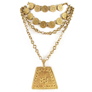 Roger Scemama Signed Vintage Gold Tone Multi Chain Coin Necklace c.1950